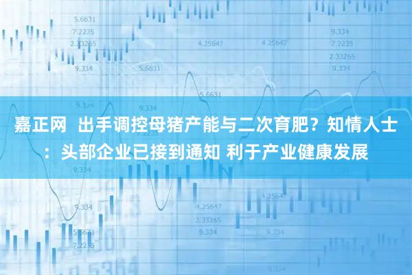 嘉正网  出手调控母猪产能与二次育肥？知情人士：头部企业已接到通知 利于产业健康发展